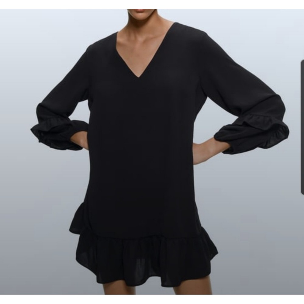 Zara Shift Dress Womens L Black Ruffled Long Sleeve Whimsigoth Witchy Fairy Boho